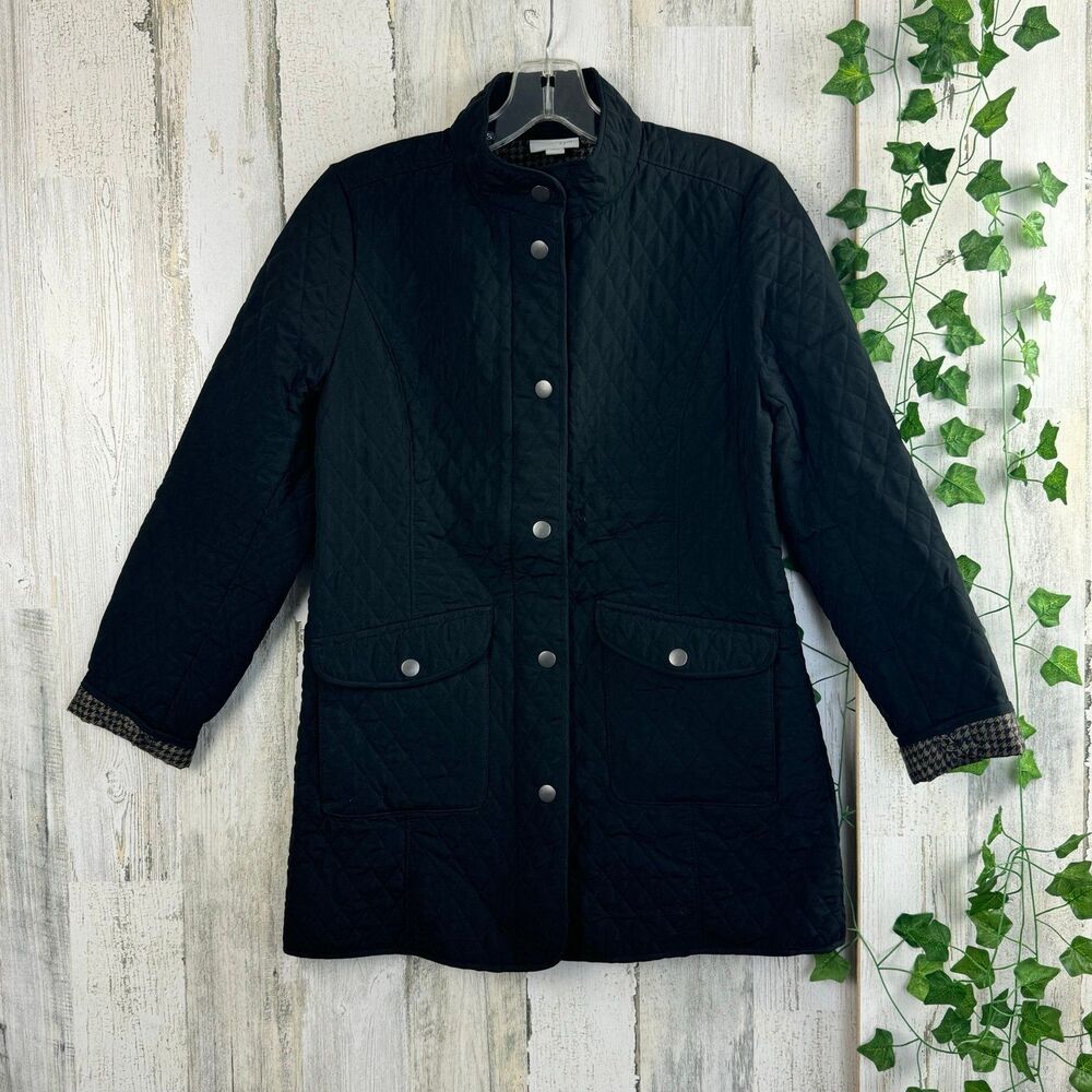 J Jill Quilted Coat Jacket Full Zip Snap Brown Houndstooth Lining Size XS